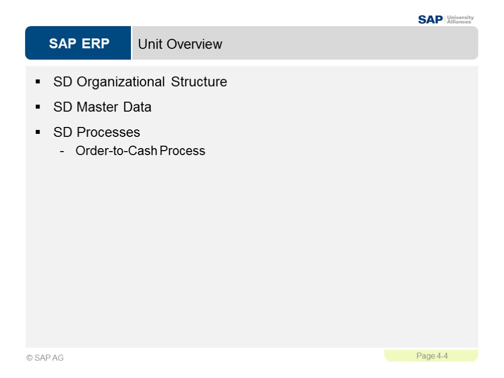 Unit Overview SD Organizational Structure SD Master Data SD Processes Order-to-Cash Process